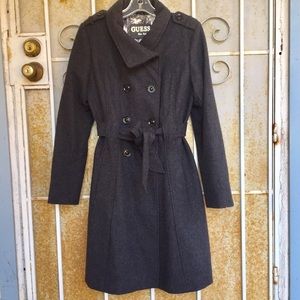 Guess Wool Charcoal Trench Coat Dark Gray 40” Bust